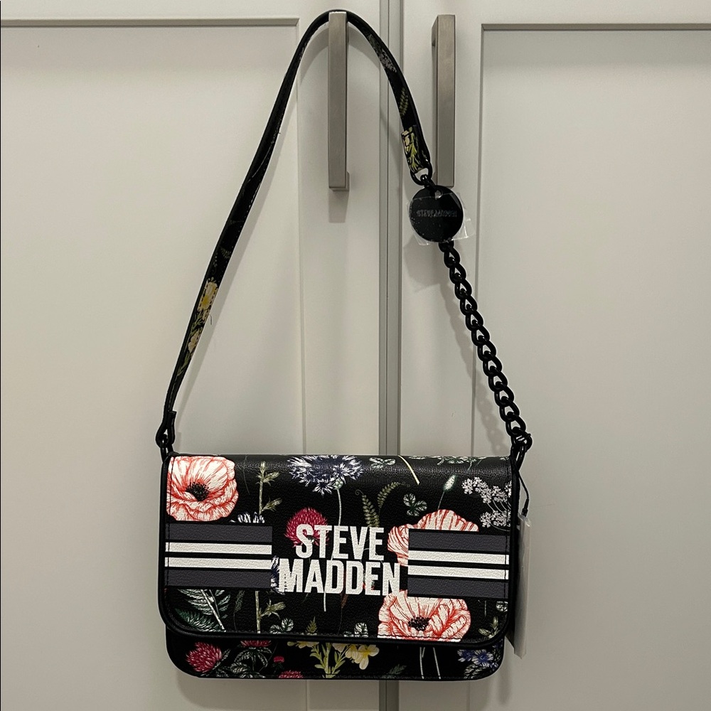 Steve Madden Floral Black Crossbody with Logo Stripe